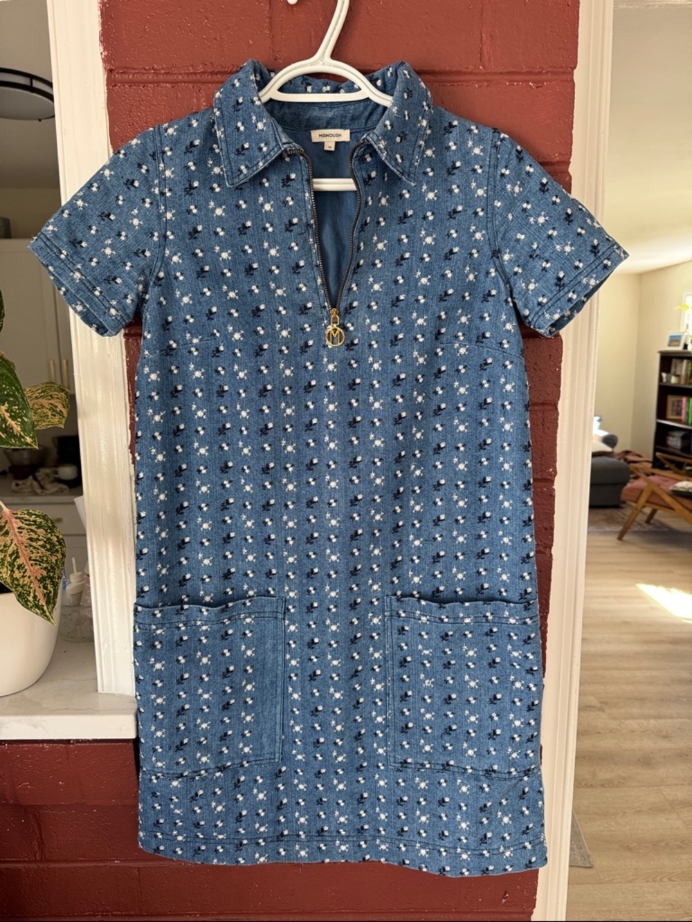 Manoush Paris Denim Short-Sleeve Shift Mini Dress w/ Embroidered Flowers Size 2